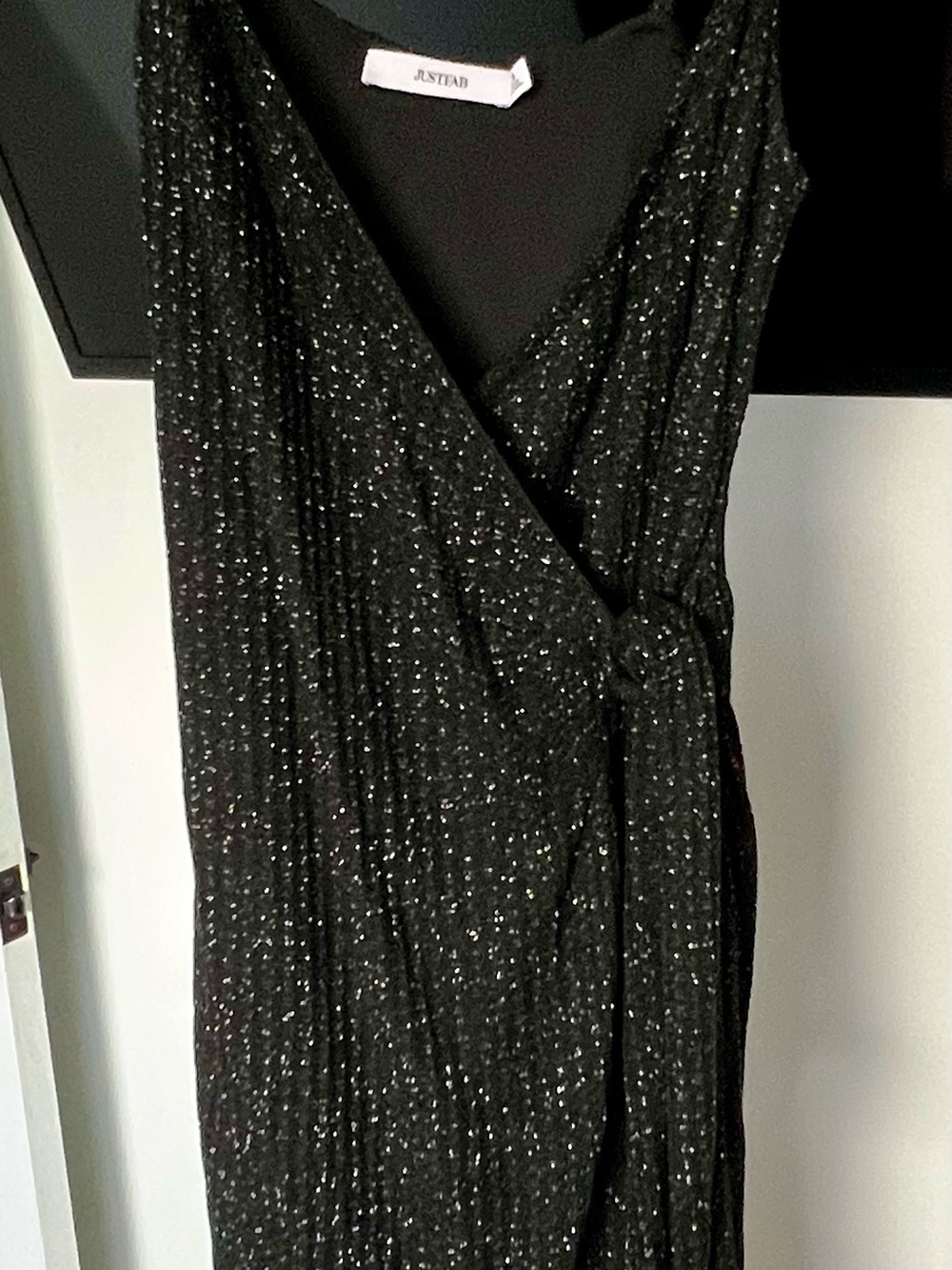 JustFab Black One-Shoulder Sparkle Wrap Dress